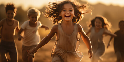 The wonderful carefree days of childhood visualized, happy kids playing outside - Powered by Adobe
