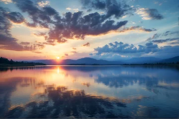 Foto op Aluminium Sunset, Sunrise Summer Landscape Beautiful Nature Blue Sky, amazing colorful clouds Natural Background Artistic Wallpaper Lake © Tuan