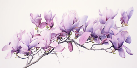 Watercolour illustration of violet magnolia, botanical illustration, springtime flowers