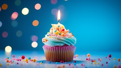 Birthday Cupcake with Candle and Blue Decorations. Made with Generative AI Technology - obrazy, fototapety, plakaty