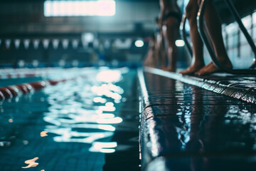 Showcase the prowess of female swimmers standing near the swimming starting block. Emphasize the focus and determination before a race.  - Powered by Adobe