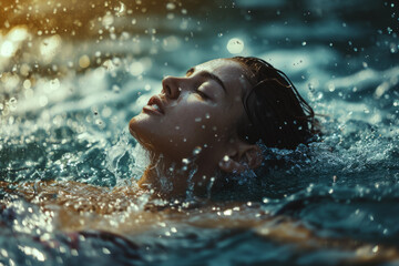 Close-up shot on beautiful female swimmer's face, emphasize the emotive quality of the enjoy moment in a pool...