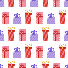 Gift boxes seamless vector pattern. Pink and violet presents with ribbon, bow. Holiday containers packed in wrapping paper with stars, stripes. Surprise for birthday, party. Stylish cartoon background