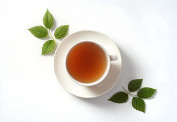 photo top view a cup of tea with leaves in white background ai generated - Powered by Adobe