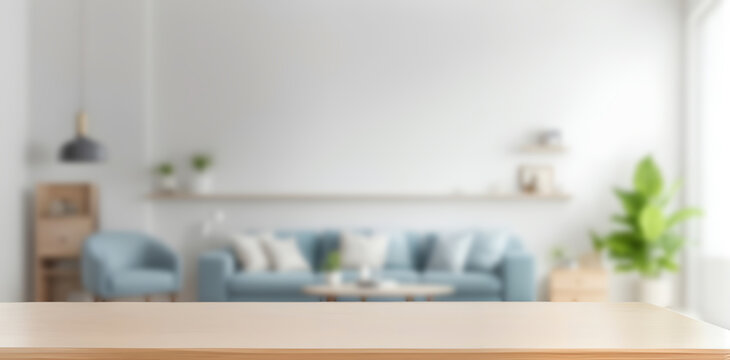 wooden table mockup in living room with blur background