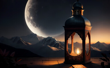illustration islamic ramadan lantern with moon copy space ai generated