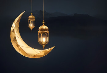 islamic ramadan copy space banner with lantern and moon ornament ai generated