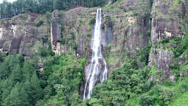 Bambarakanda Falls is the highest and most beautiful waterfall in Sri Lanka. Top view, aerial video filming.