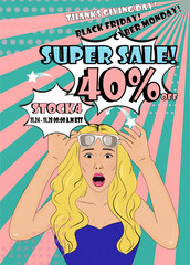  woman, illustration, cartoon, art, vintage, sale poster, pop art