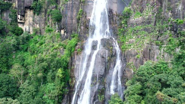 Bambarakanda Falls is the highest and most beautiful waterfall in Sri Lanka. Top view, aerial video filming.