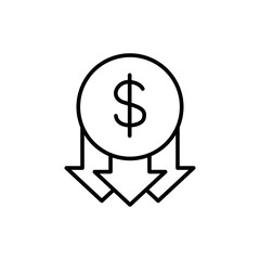 Decrease dollar outline icons, minimalist vector illustration ,simple transparent graphic element .Isolated on white background