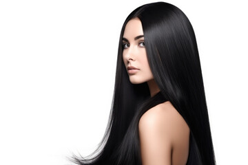 Beautiful girl with long straight black hair, hair advertisement