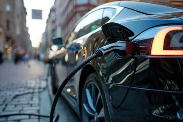 Schilderijen op glas A modern electric car is charging at the charging station © Kien