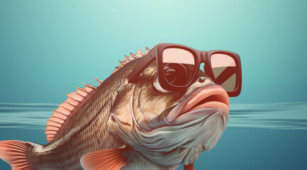 cool bass fish sporting sunglasses and a very relaxed expression - obrazy, fototapety, plakaty