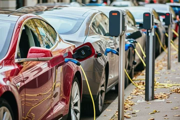 Tuinposter A modern electric cars are charging at the charging station © Kien