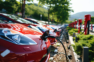 A modern electric cars are charging at the charging station