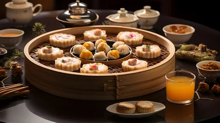 Crédence de cuisine en verre imprimé Shanghai yumcha, dim sum in bamboo steamer, chinese cuisine