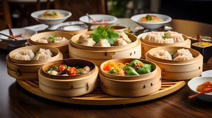 Cercles muraux Shanghai yumcha, dim sum in bamboo steamer, chinese cuisine