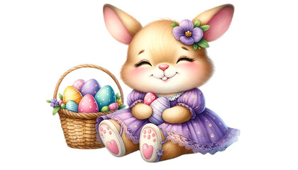 Watercolor  of a cute bunny in a purple flower-pattern dress carrying Easter eggs basket. Creative clip art design. Easter season. 