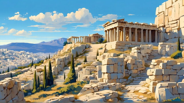 Timeless Echoes: The Acropolis Reimagined in a Modern Art Tapestry