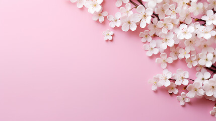 Fototapeta na wymiar small white flowers on pastel pink background