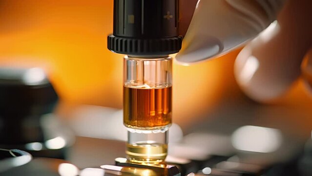 Closeup of a handheld microscope being used to inspect the quality of a tiny oil sample.