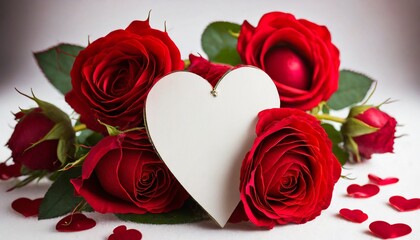 red roses and heart, close-up of a heart-shaped Valentine's card surrounded by vibrant red roses, beauty of love red hearts on white background