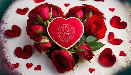 rose petals in a bowl, a close-up of a heart-shaped Valentine's card surrounded by vibrant red roses, beauty of love red hearts on white background