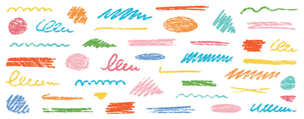 Crayon brush underline color stroke. Chalk kid highlight scribble stroke. Vector hand drawn brush underline element set for accent, crayon texture emphasis element. Rough chalk vector illustration - obrazy, fototapety, plakaty