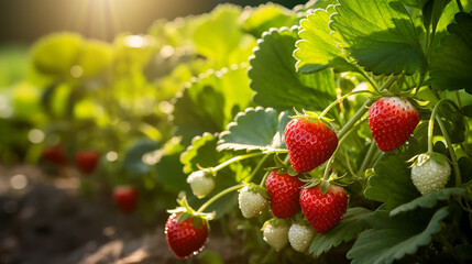 A berry field with delicate strawberry plant flourishes, warmed by the midday summer sun - obrazy, fototapety, plakaty