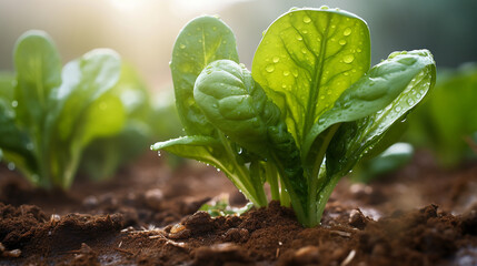 A fresh spinach leaf rises in a vegetable bed, caressed by the soft light of an overcast morning - obrazy, fototapety, plakaty