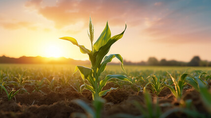 A fresh corn stalk sprout stands proudly in a field, caressed by the gentle light of the dawn - obrazy, fototapety, plakaty