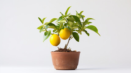 lemon tree in pot of citrus specific soil blend, isolated on white background