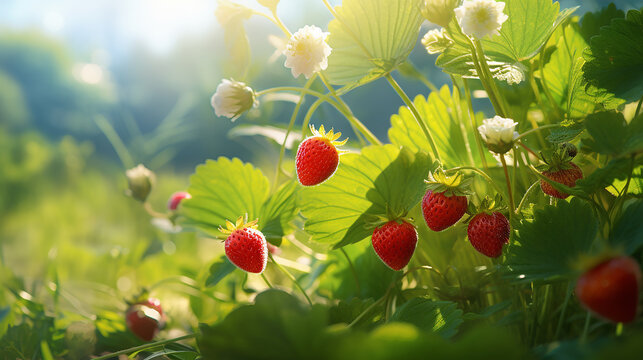A delicate strawberry plant flourishes in a berry field, warmed by the midday summer sun