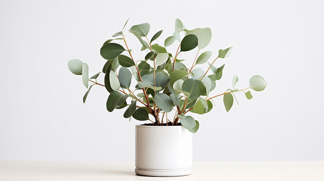 juvenile eucalyptus in clump of airy potting mix, distinctive scent imagined, on a white background