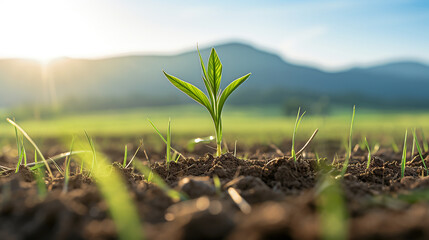 Naklejka premium A young wheat seedling emerges on a vast farm, basking in the warm glow of the early afternoon sun
