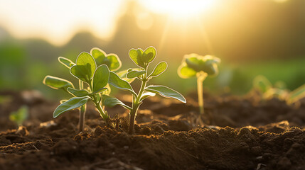 A budding marjoram sprout grows in an organic farm, surrounded by the golden light of late afternoon - obrazy, fototapety, plakaty