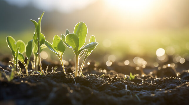 A delicate chia plant sprout appears in cultivated row, sparkling with morning dew as the sun rises