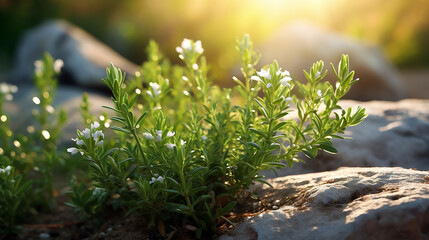 Obraz na płótnie Canvas A tender thyme plant emerges in a rock garden, greeted by the soft rays of a rising sun