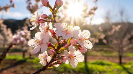 a tiny almond blossom opens on a tree in an orchard, glowing under the bright spring mid-morning sun