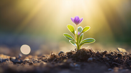 A tiny lavender sprout grows in a field, surrounded by the radiant light of an early summer day - obrazy, fototapety, plakaty