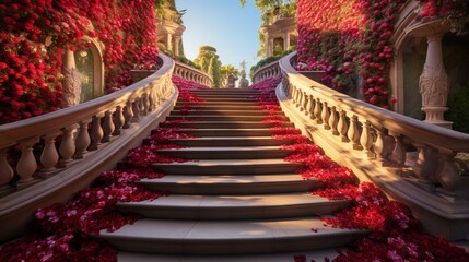 Fototapeta na wymiar A breathtaking view of a red carpet unfurling towards an extravagant VIP staircase, set amidst a pristine garden with vibrant flowers.