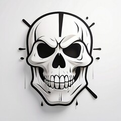 The skull logo uses a white 2D mask with a funny expression, placed on a striking white paper background, with thick black lines