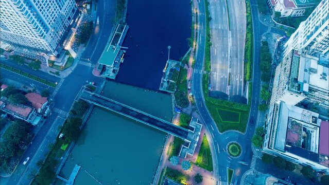 Topdown hyperlapse Saigon River Tunnel Hochiminh City, Vietnam stock video. Beautiful hyperlapse footage of sunrise.