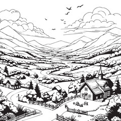 a beautiful black and white illustration of a rural setting A Peaceful Valley