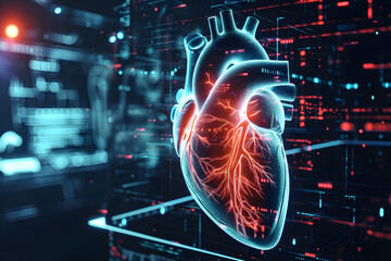 hologram of human heart, diagrammatic diagnostic concept - obrazy, fototapety, plakaty