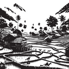 Tropical Village Amidst Rice Terraces and Mountains Black and White Vector