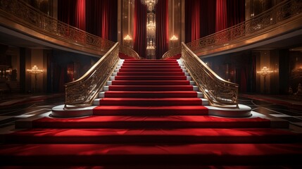 A glamorous red carpet extending towards a magnificent VIP staircase, with reflections of city lights on polished surfaces. - obrazy, fototapety, plakaty