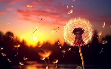 Wishing Freedom with Dandelion's Journey to Sunset. Made with Generative AI Technology