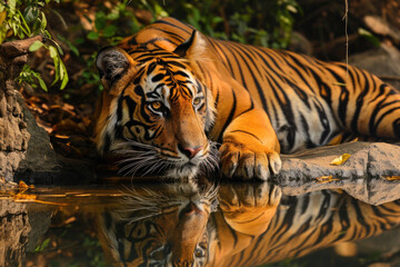 A tiger in a reflective moment by a serene waterhole